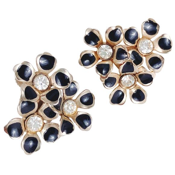 Vintage 1950s Black Enamel and Rhinestone Floral Cluster Screw Back Earrings - Picture 1 of 10